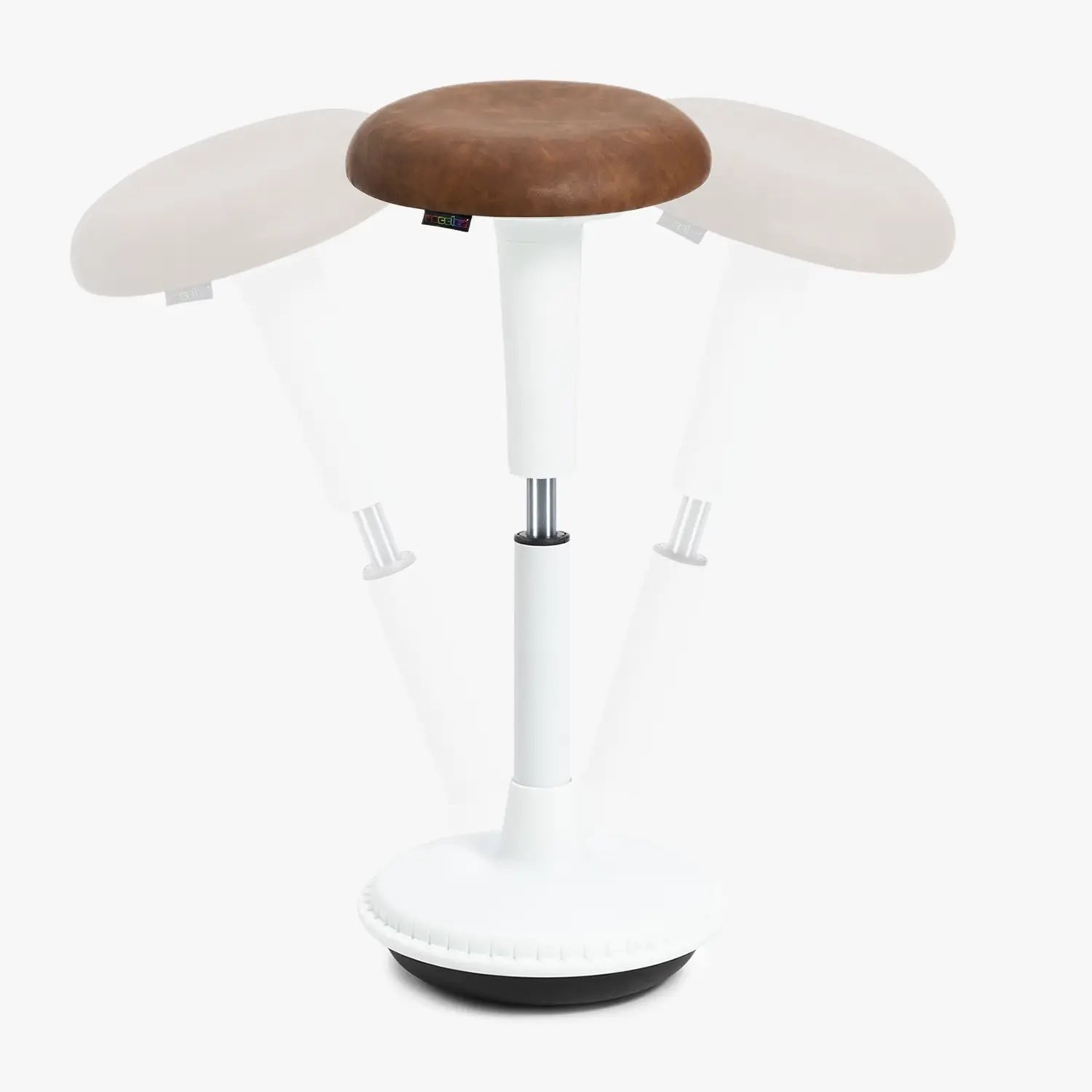 A Wobblez Spine standing desk wobble stool with a white frame and cognac faux leather seat, a heavy round wobble base and an adjustable height knob to adjust stool from 65 cm to 85 cm, with transparent duplication in the background to show the wobble states, set against a white studio background.