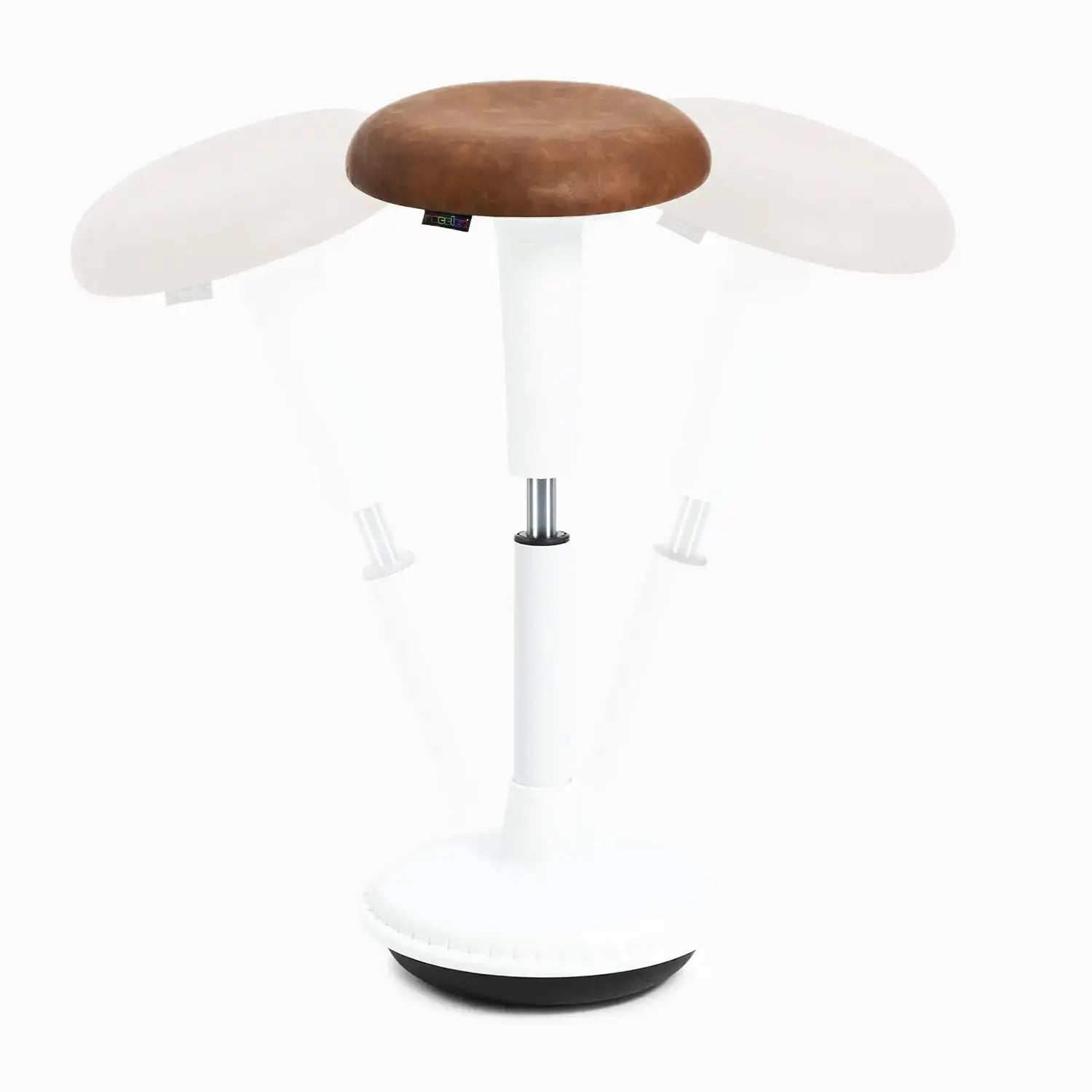 A Wobblez Spine standing desk wobble stool with a white frame and cognac faux leather seat, a heavy round wobble base and an adjustable height knob to adjust stool from 65 cm to 85 cm, with transparent duplication in the background to show the wobble states, set against a white studio background.