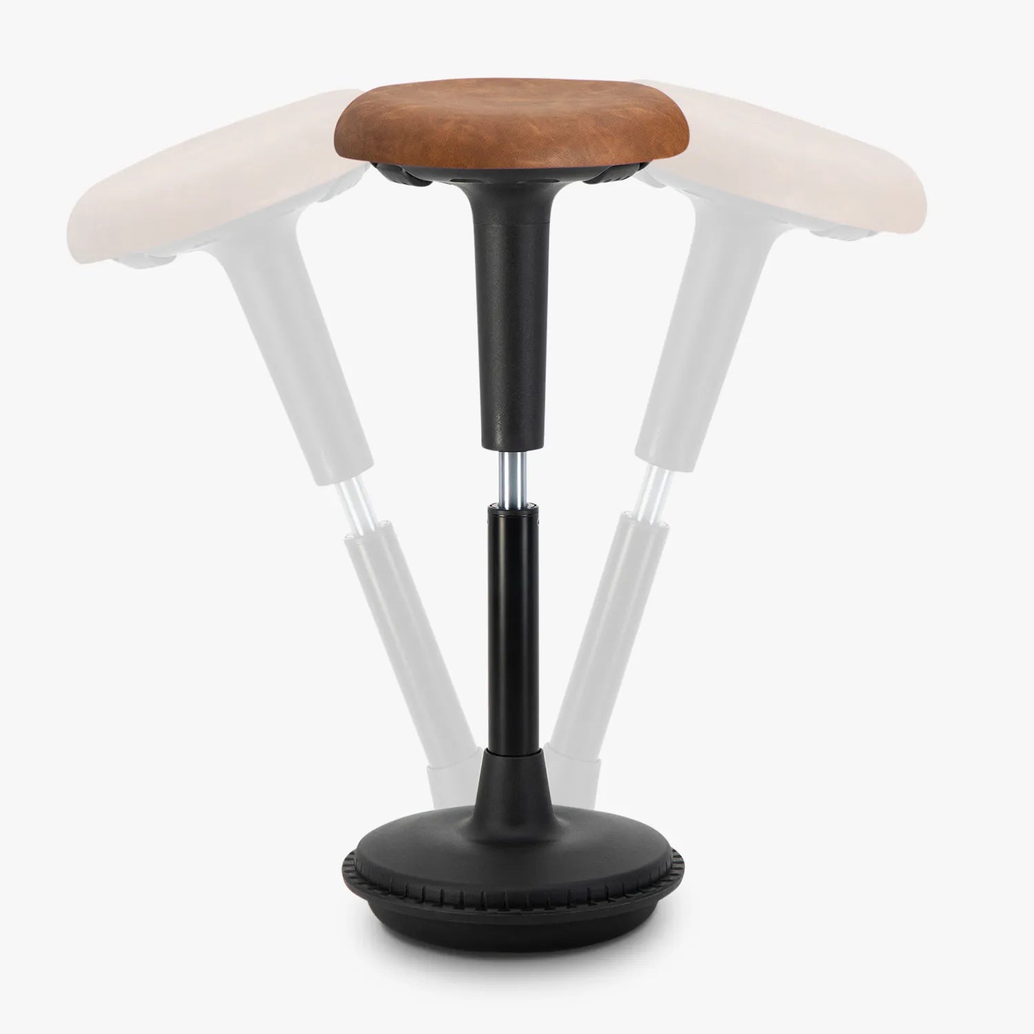 A Wobblez Spine standing desk wobble stool with a black frame and cognac faux leather seat, a heavy round wobble base and an adjustable height knob to adjust stool from 65 cm to 85 cm, with transparent duplication in the background to show the wobble states, set against a white studio background.