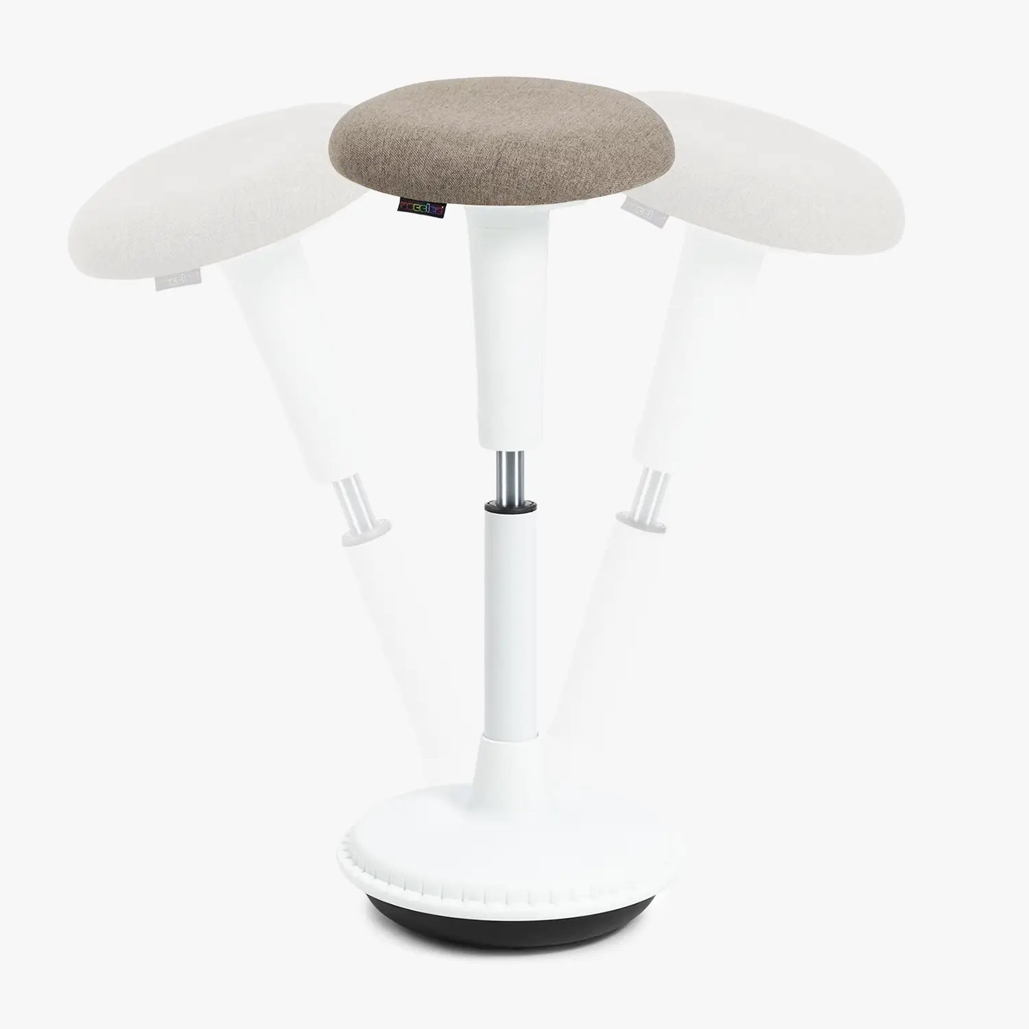 A Wobblez Spine standing desk wobble stool with a white frame and pebble fabric seat, a heavy round wobble base and an adjustable height knob to adjust stool from 65 cm to 85 cm, with transparent duplication in the background to show the wobble states, set against a white studio background.