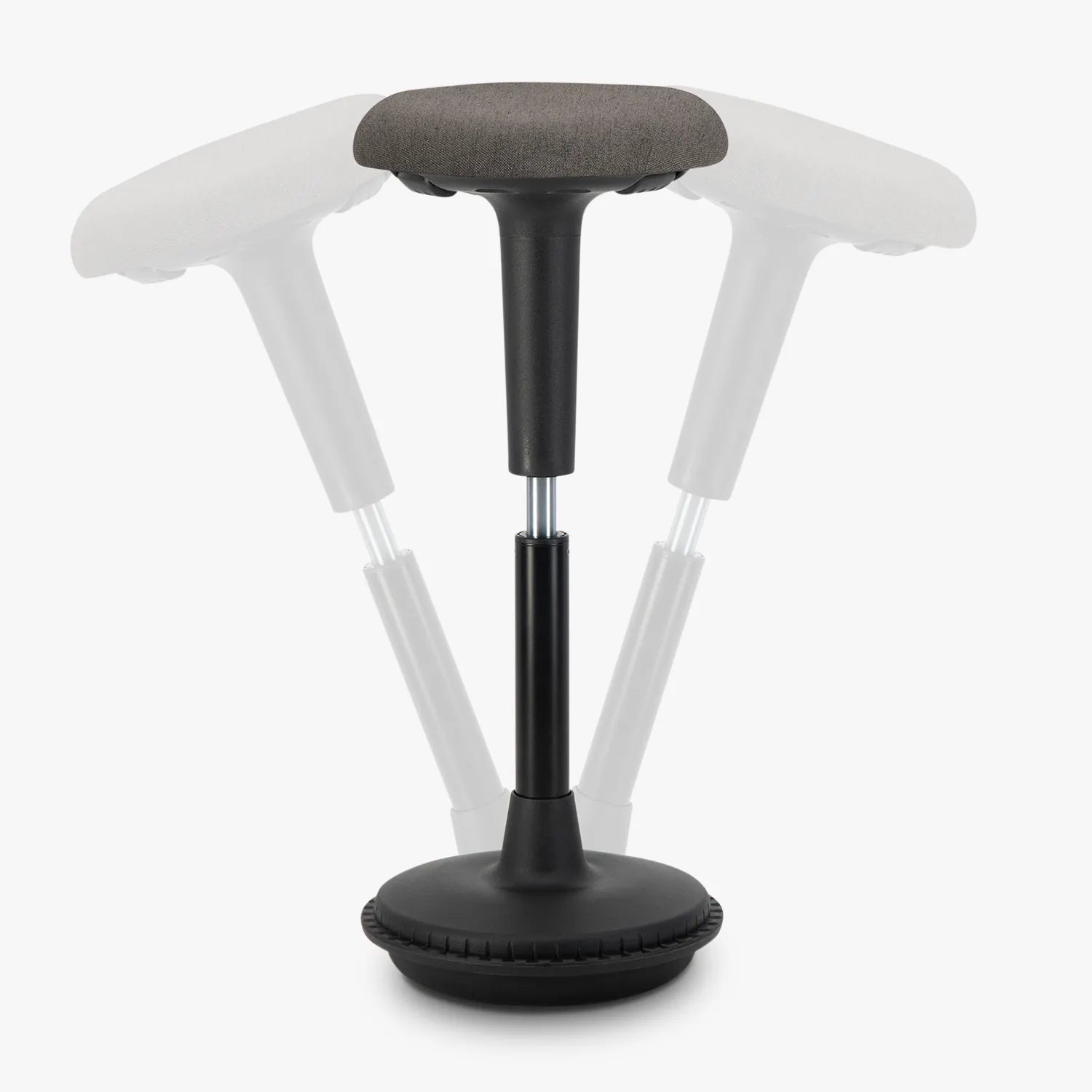 A Wobblez Spine standing desk wobble stool with a black frame and anthracite fabric cushioned seat, a heavy round wobble base and an adjustable height knob to adjust stool from 65 cm to 85 cm, with transparent duplication in the background to show the wobble states, set against a white studio background.