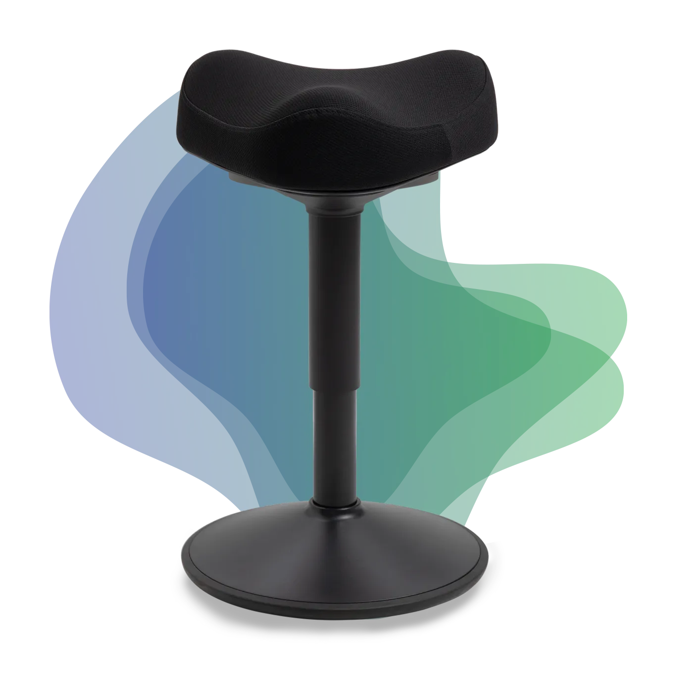 A Wobblez black saddle wobble stool designed for ergonomic support, featuring a curved seat and a stable base named Soothe with Wobblez brand style blobs in blue green in the background