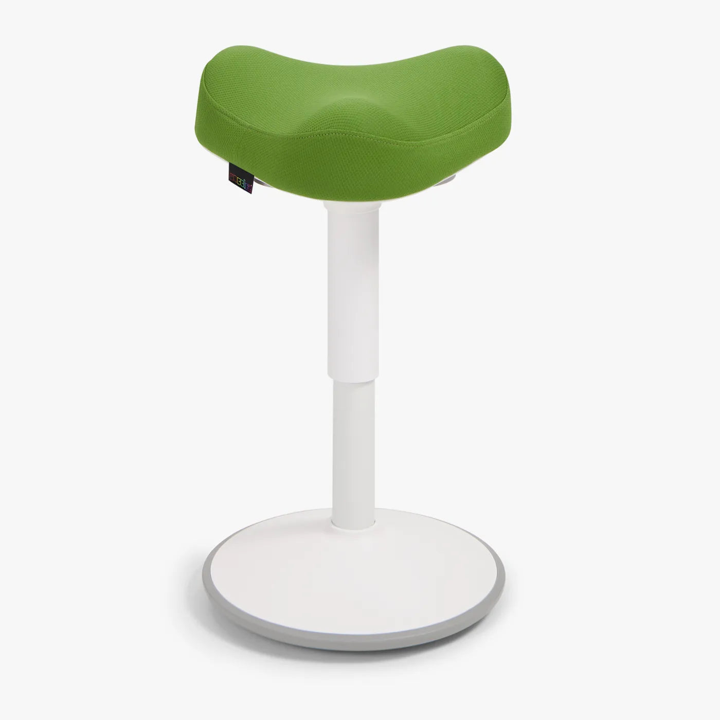 A Wobblez Soothe saddle wobble stool designed for ergonomic support, featuring a curved green seat and a white frame stable base.