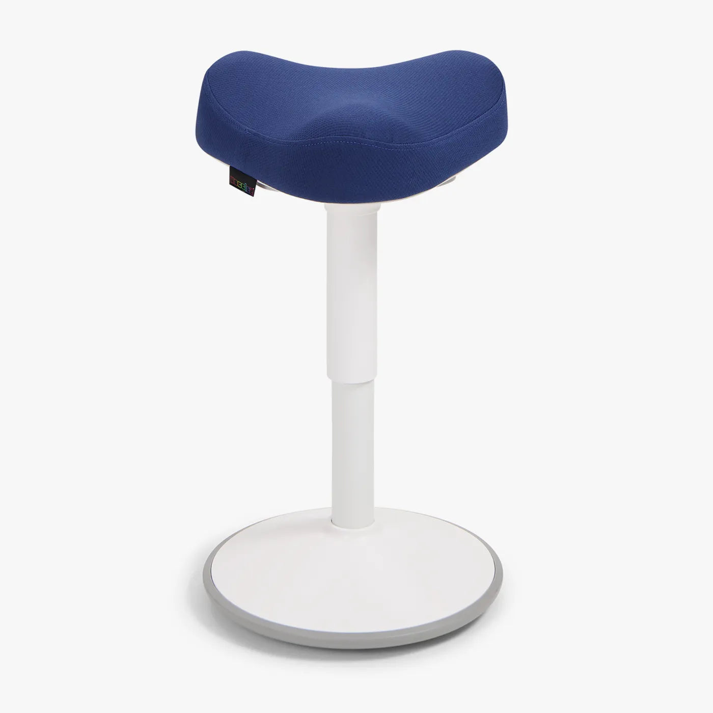 A Wobblez Soothe saddle wobble stool designed for ergonomic support, featuring a curved blue seat and a white frame stable base.