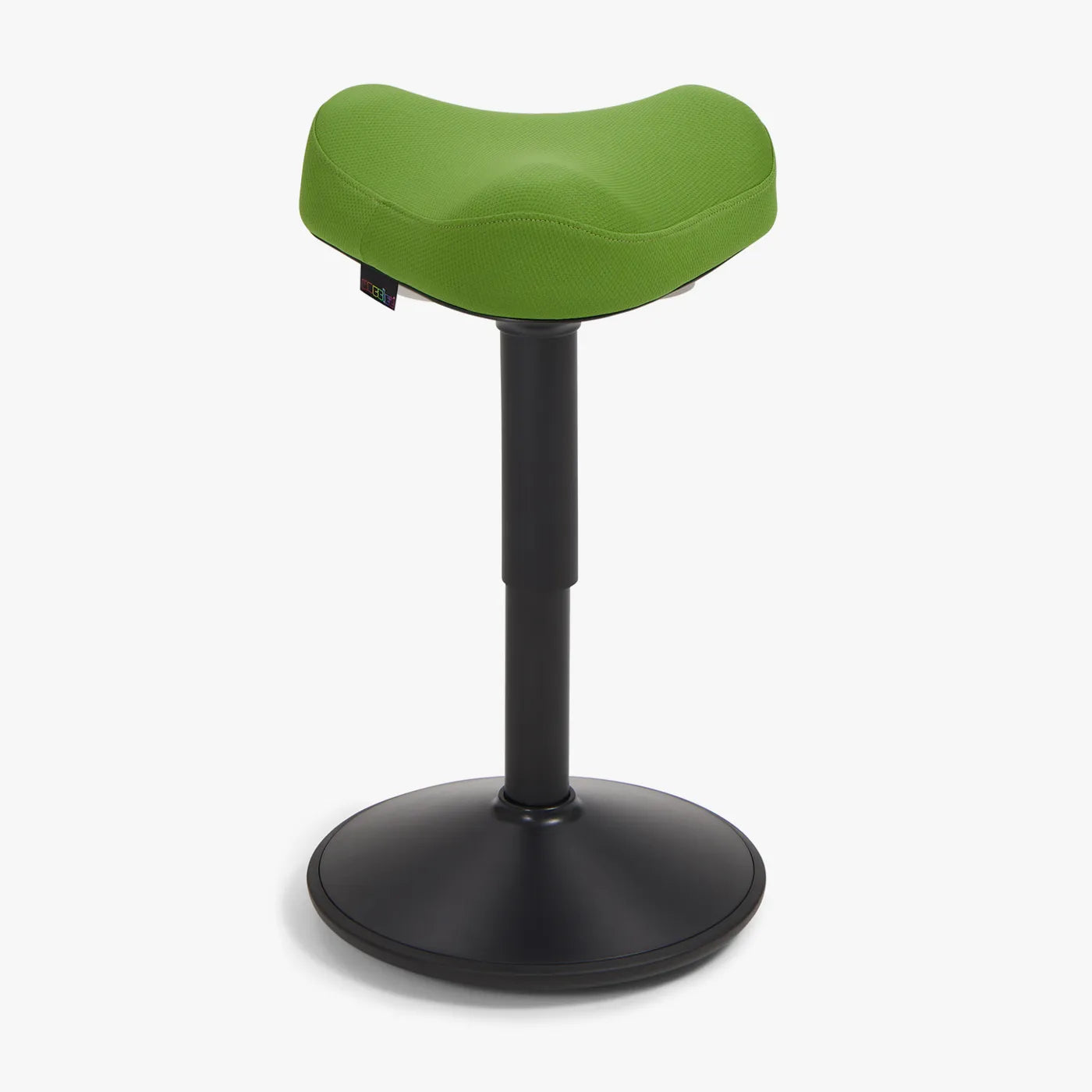 A Wobblez Soothe saddle wobble stool designed for ergonomic support, featuring a curved green seat and a black frame stable base.