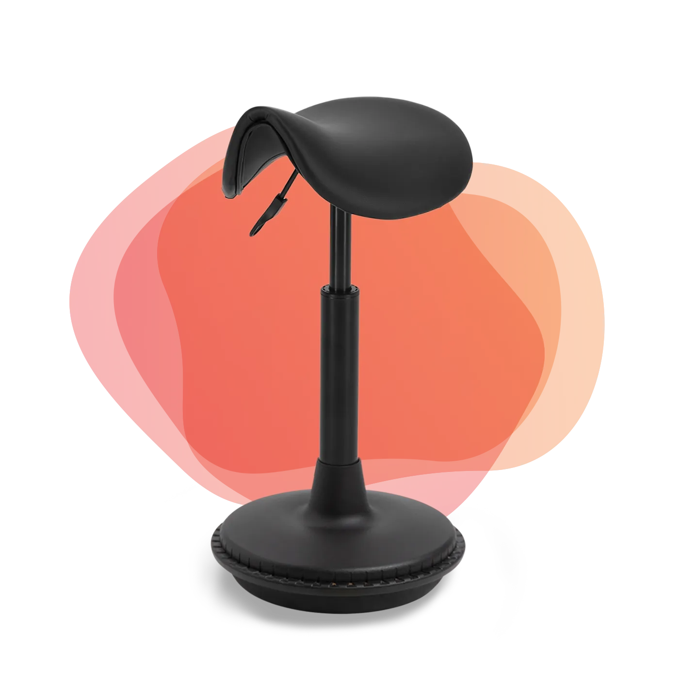 A black Wobblez Stable saddle stool with a heavy wobble base and faux leather seat, designed for dynamic active sitting support and comfort. With Wobblez blobs in background