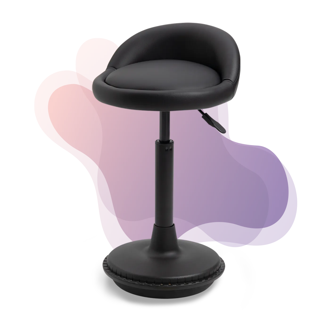 A black Wobbles Settle wobble stool with purple soft pink graphic design blobs