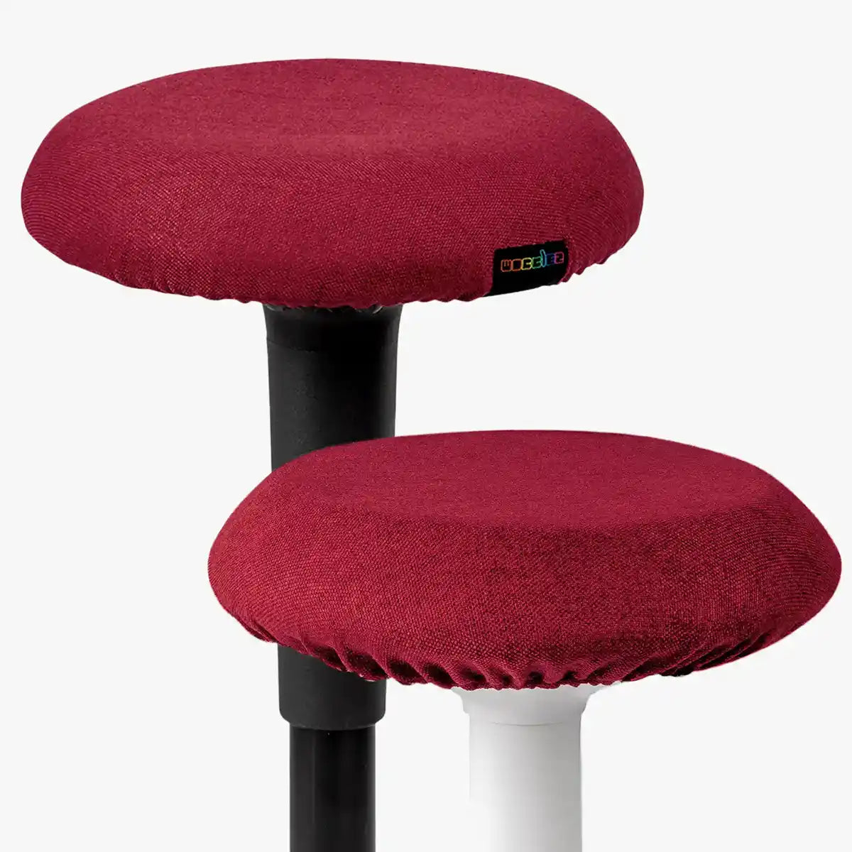 Studio photography of Bordeaux Wobblez Skins, premium seat stool covers slip over a Spine and Savvy wobble stools
