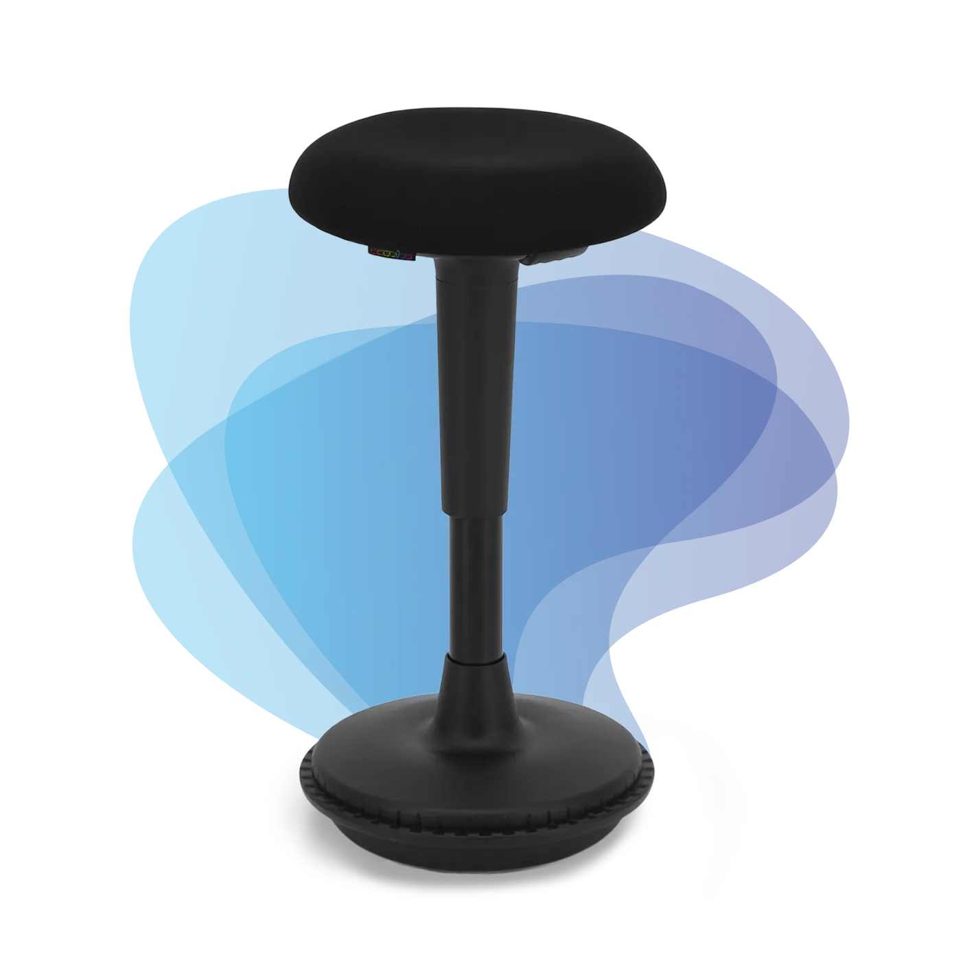 Black adjustable Wobblez Spine wobble stool with a round seat and heavy wobble base, designed for ergonomic sitting posture.
