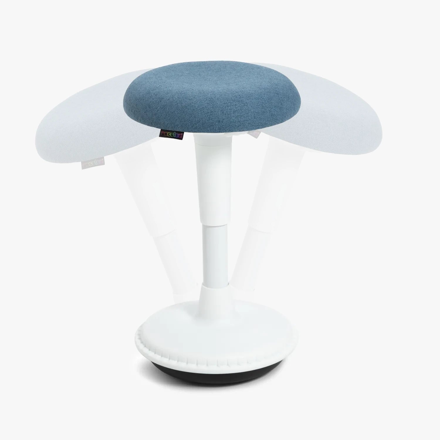 A Wobblez Spine wobble stool with a white frame and lightblue seat, a heavy round wobble base and an adjustable height knob to adjust stool from 45 cm to 65 cm, with transparent duplication in the background to show the wobble states, set against a white studio background.