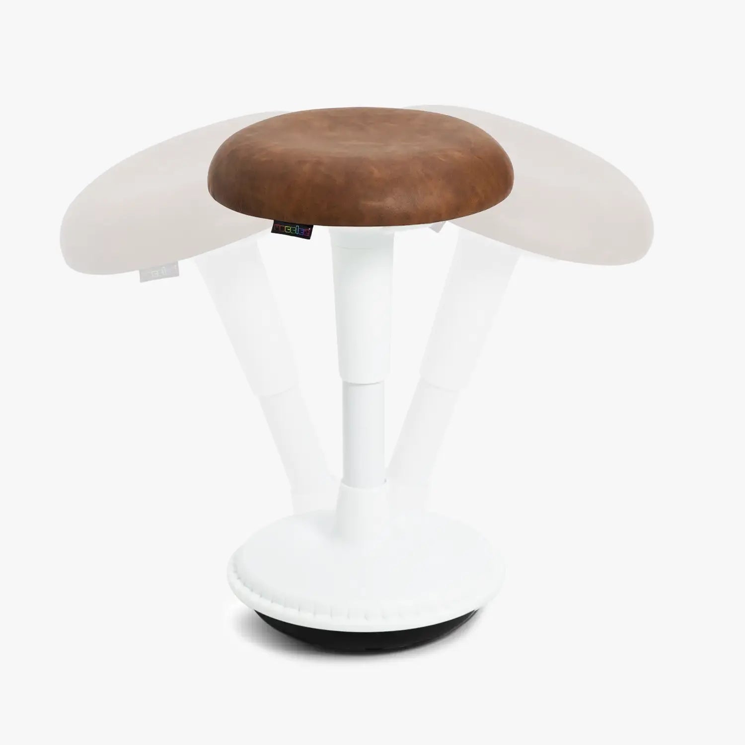 A Wobblez Spine wobble stool with a white frame and cognac brown faux leather seat, a heavy round wobble base and an adjustable height knob to adjust stool from 45 cm to 65 cm, with transparent duplication in the background to show the wobble states, set against a white studio background.