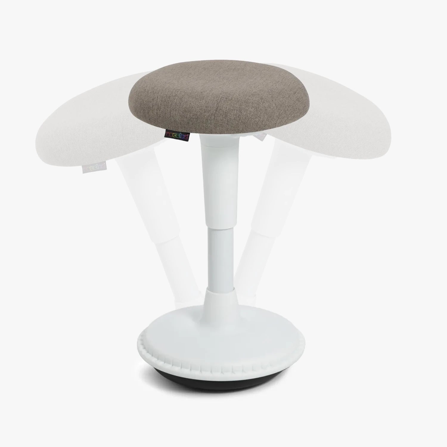 A Wobblez Spine wobble stool with a white frame and pebble fabric seat, a heavy round wobble base and an adjustable height knob to adjust stool from 45 cm to 65 cm, with transparent duplication in the background to show the wobble states, set against a white studio background.