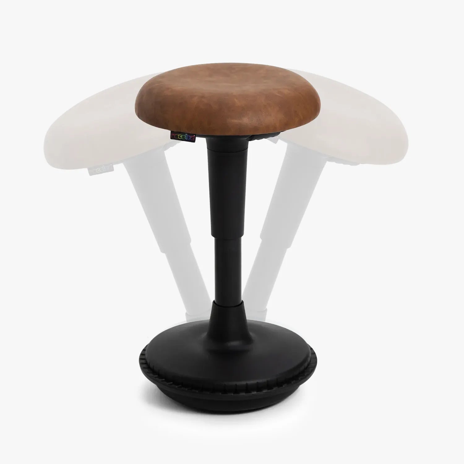 Adjustable height Wobblez Spine wobble stool with a cognac faux leather cushioned seat and black frame, designed for ergonomic sitting posture on a white background