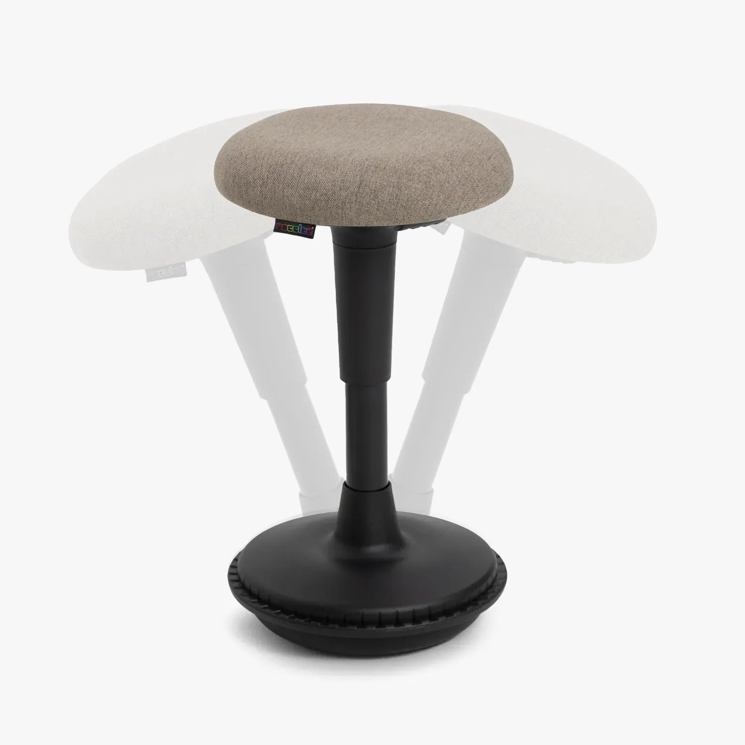 Adjustable height Wobblez Spine wobble stool with a beige cushioned seat and black frame, designed for ergonomic sitting posture on a white background
