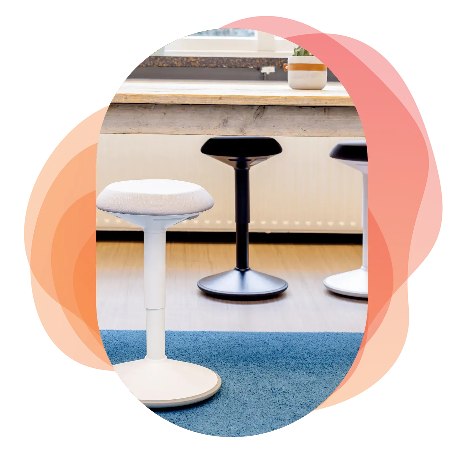 Image in the center of Wobblez graphic design styled blobs in red and blue with several Savvy wobble stools in white and black in an office at a wooden table with a blue rug