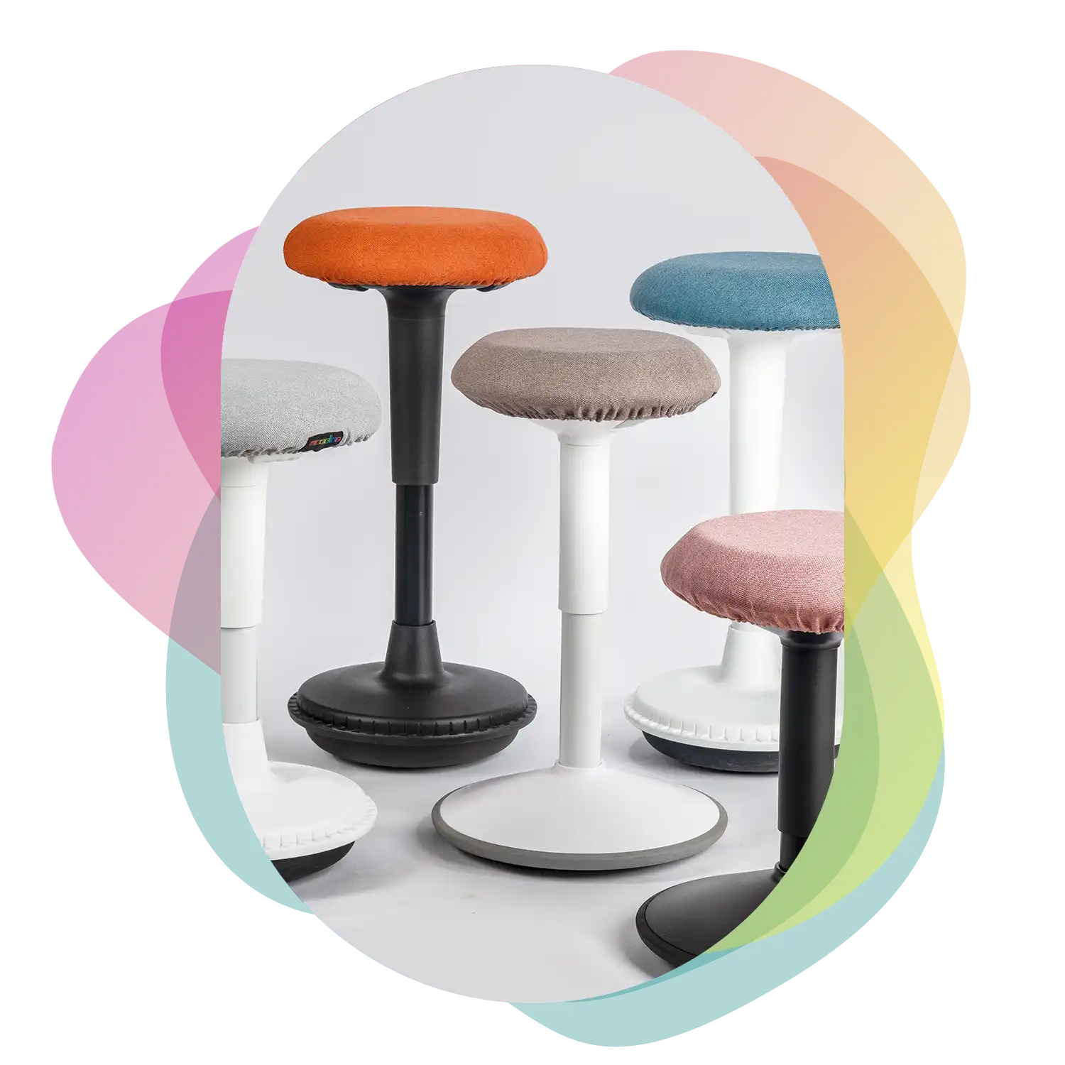 Brandstyle studiophoto of different colours of Wobblez Skins on Savvy & Spine wobble stools on a white neutral background