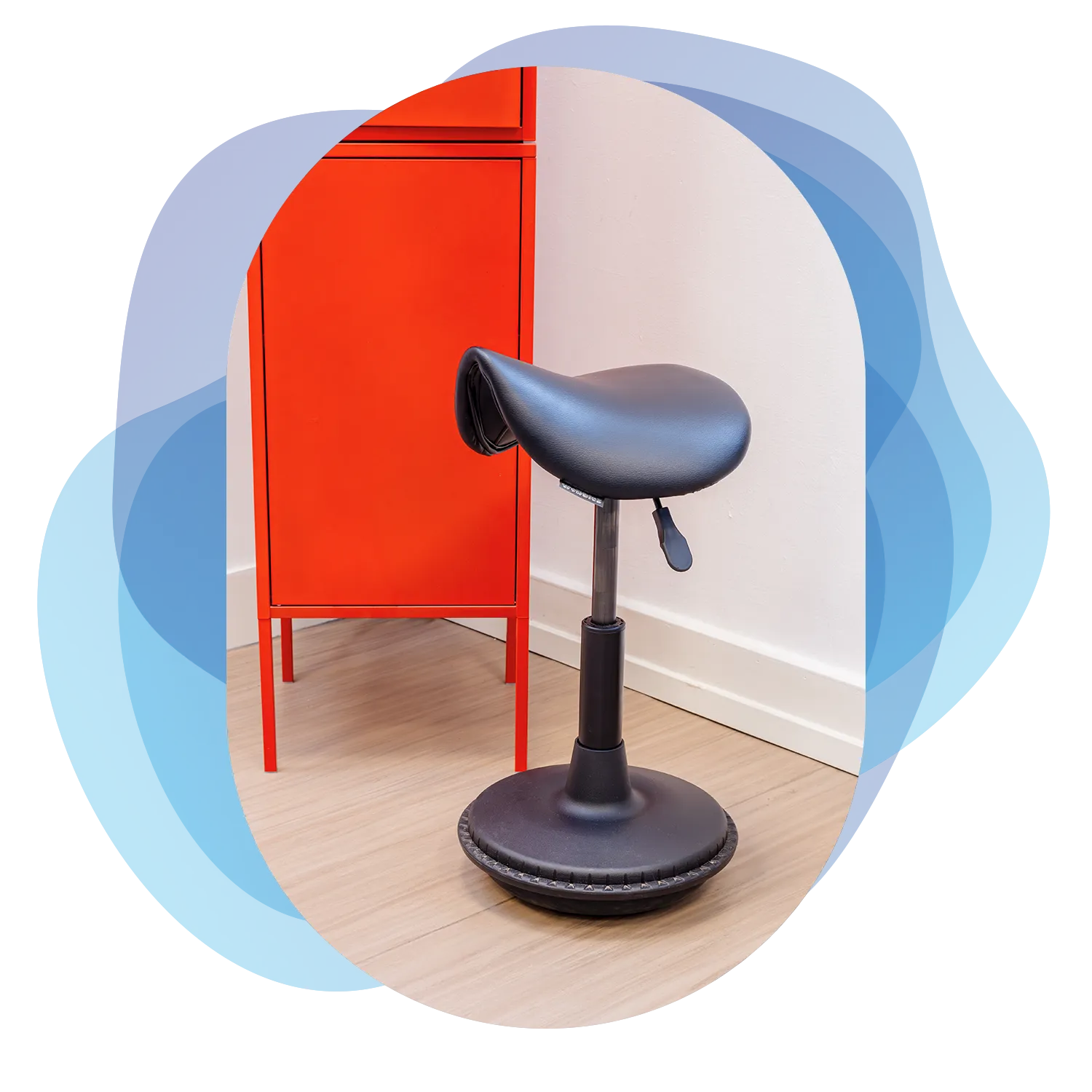 Wobblez graphic styled blobs in blue with a Stable wobble stool image in a corner of a room with a red steel cabinet in the background