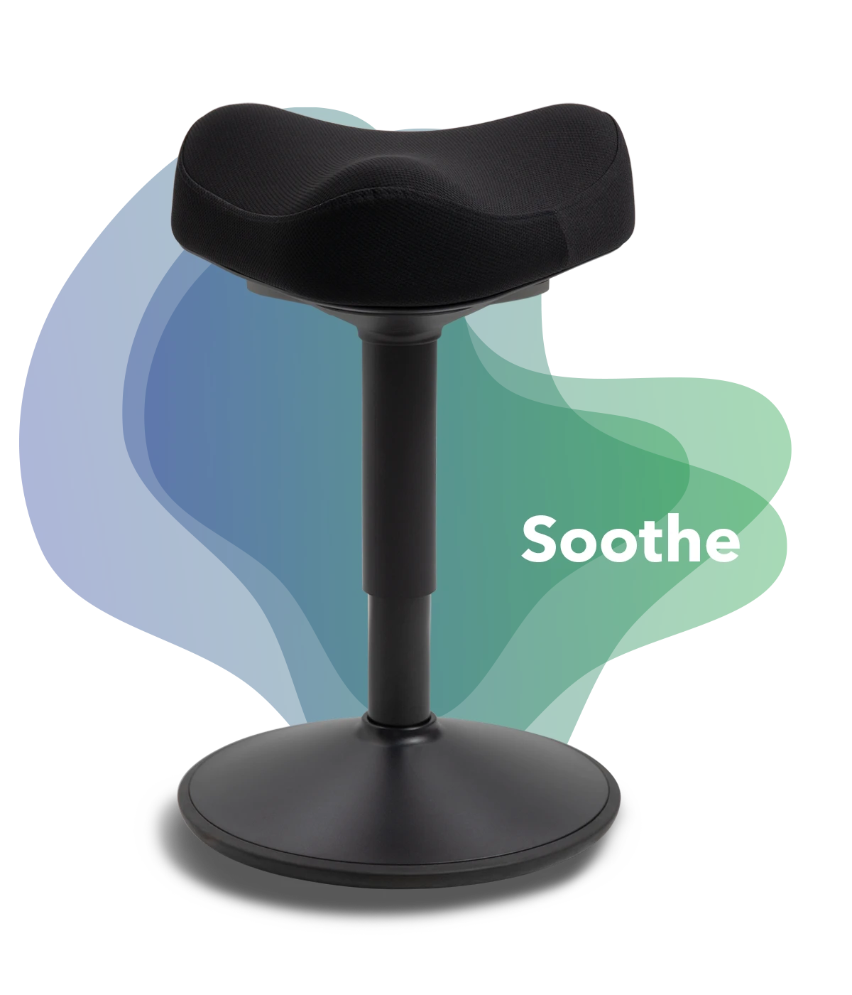 An ergonomic black Wobblez Soothe saddle stool with adjustable height, featuring a thick and soft seat, on a stable light wobble base
