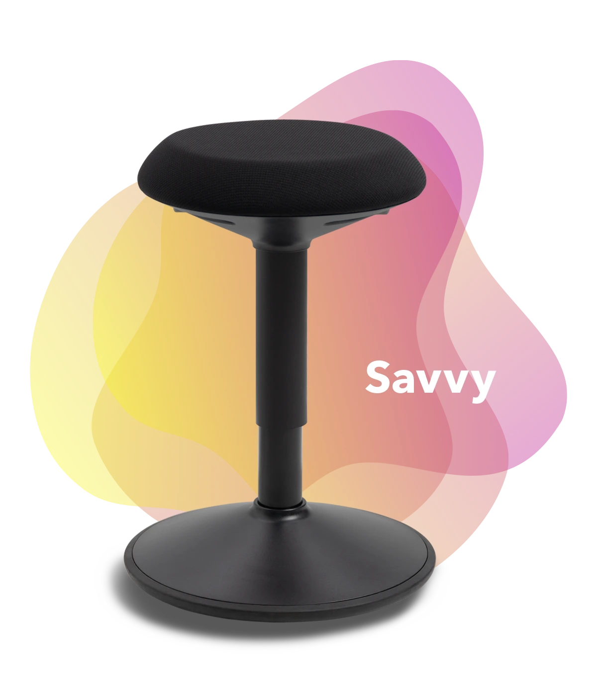 A black adjustable-height  Wobblez Savvy wobble stool with a light round wobble base and an ergonomic seat, positioned against a colorful background with the product name 'Savvy' displayed.