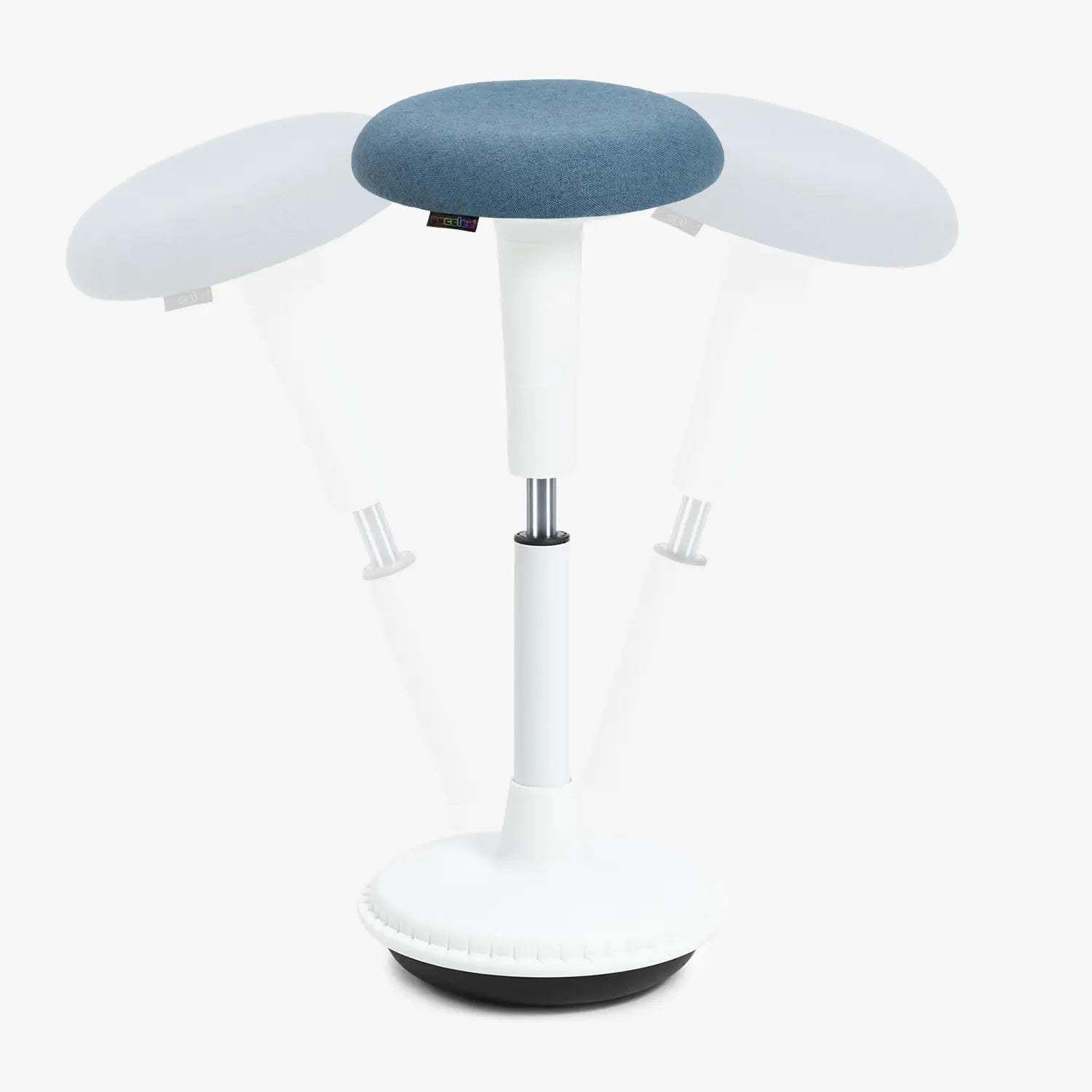 A Wobblez Spine standing desk wobble stool with a white frame and light blue  fabric seat, a heavy round wobble base and an adjustable height knob to adjust stool from 65 cm to 85 cm, with transparent duplication in the background to show the wobble states, set against a white studio background.