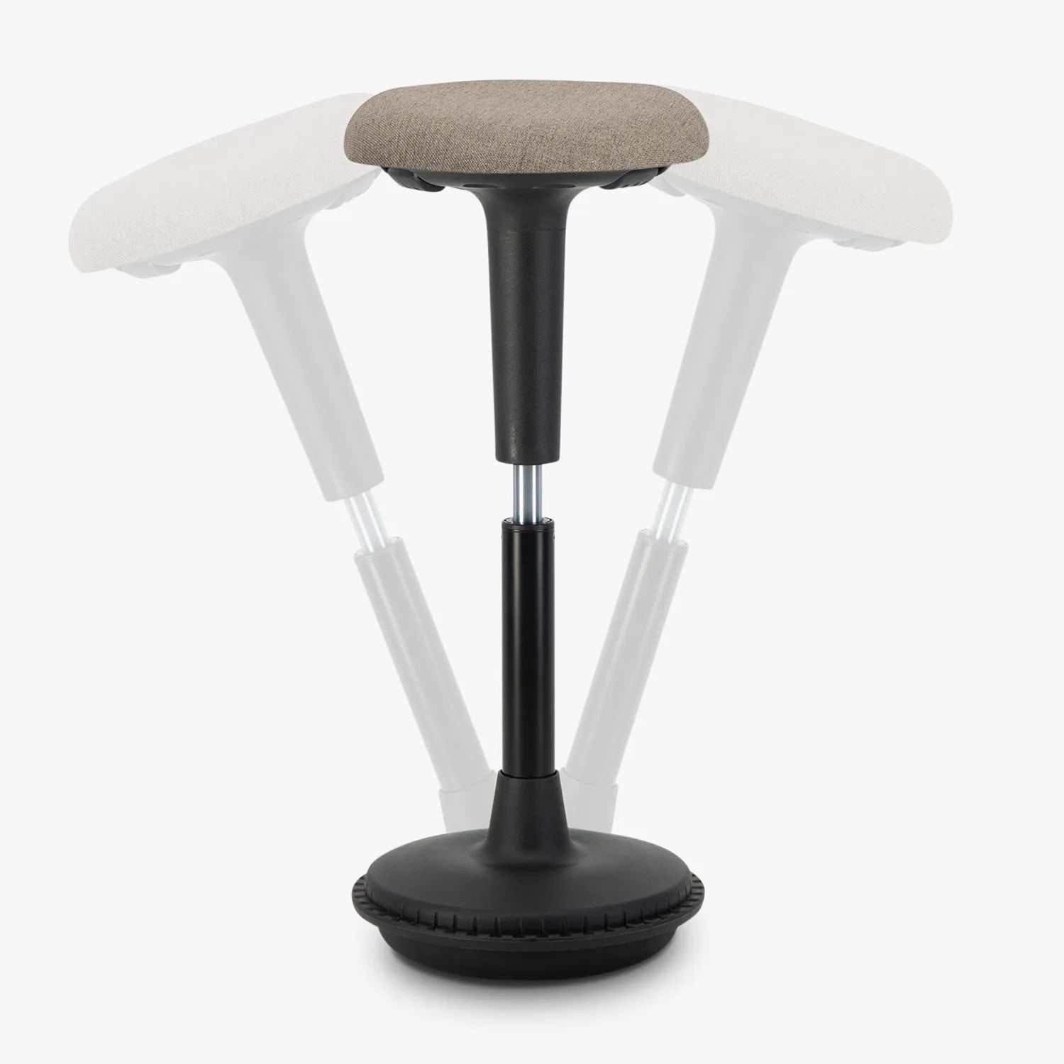 A Wobblez Spine standing desk wobble stool with a black frame and pebble fabric cushioned seat, a heavy round wobble base and an adjustable height knob to adjust stool from 65 cm to 85 cm, with transparent duplication in the background to show the wobble states, set against a white studio background.