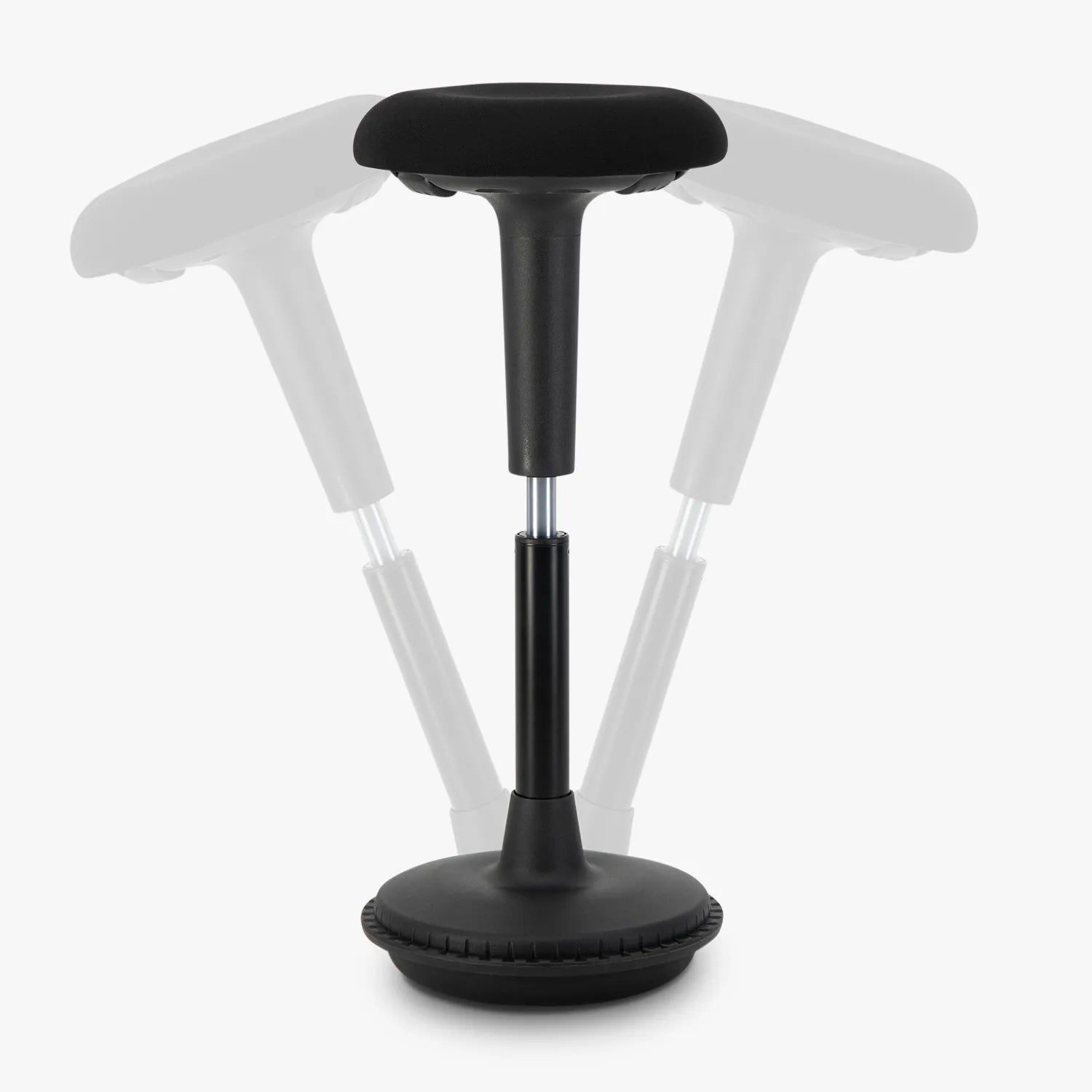A Wobblez Spine standing desk wobble stool with a black frame and black seat, a heavy round wobble base and an adjustable height knob to adjust stool from 65 cm to 85 cm, with transparent duplication in the background to show the wobble states, set against a white studio background.