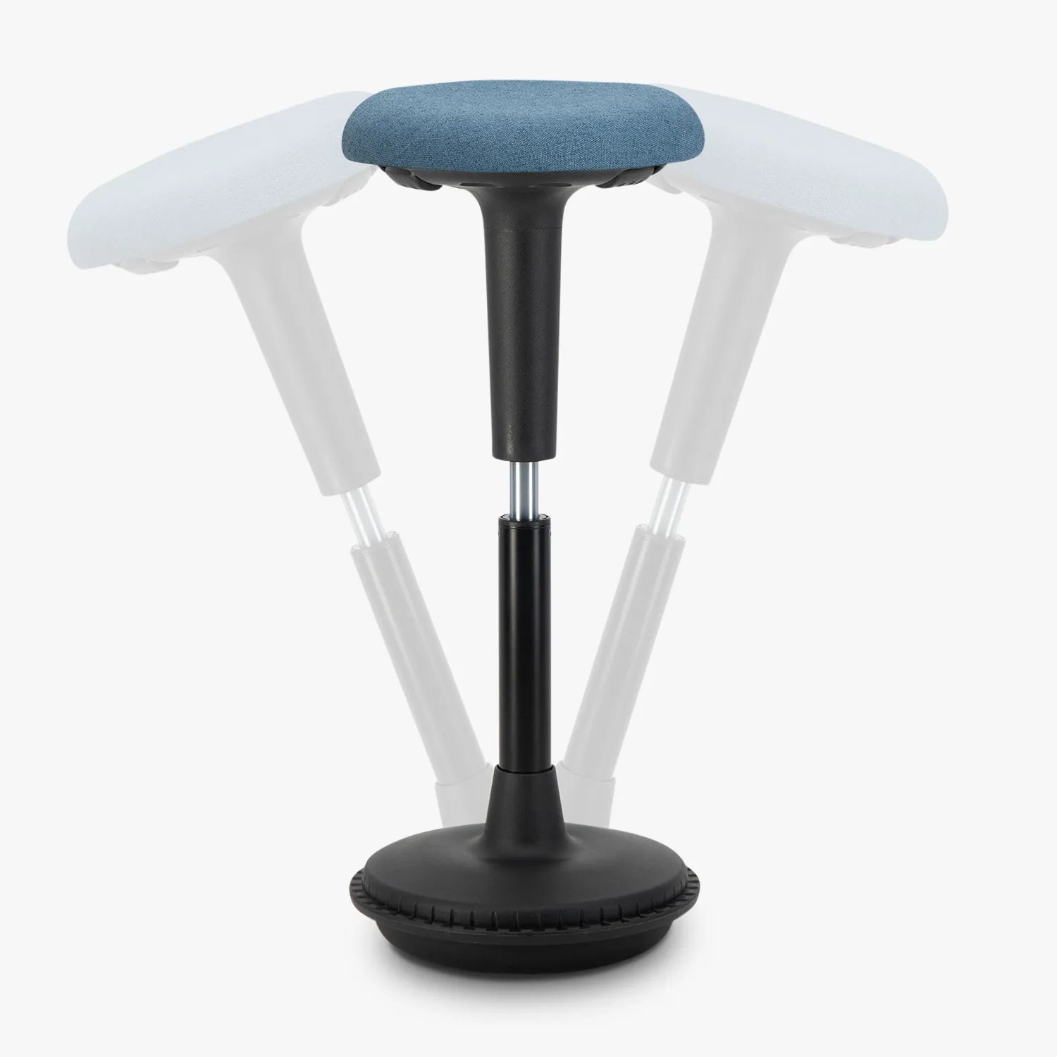 A Wobblez Spine standing desk wobble stool with a black frame and light blue fabric cushioned seat, a heavy round wobble base and an adjustable height knob to adjust stool from 65 cm to 85 cm, with transparent duplication in the background to show the wobble states, set against a white studio background.