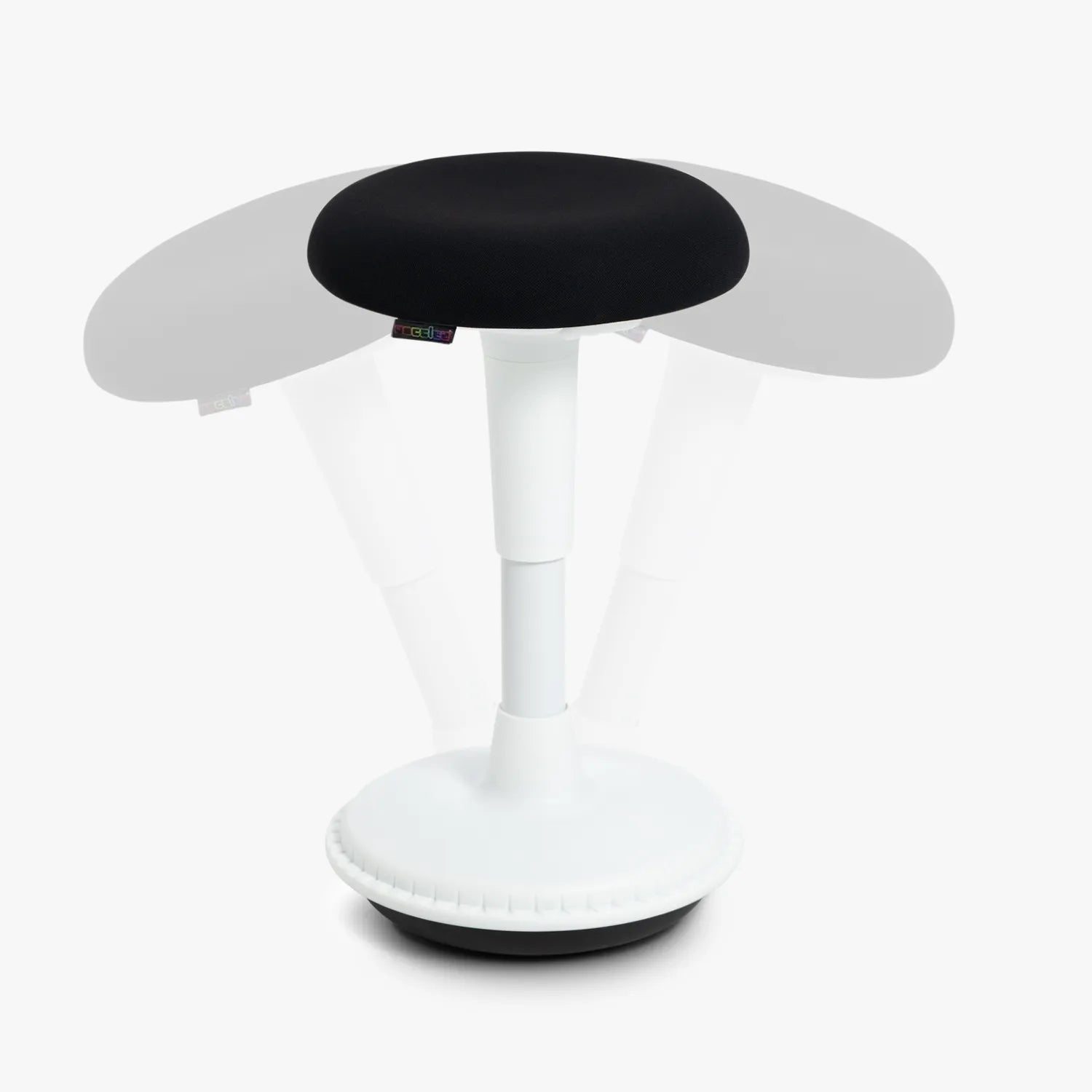 A Wobblez Spine wobble stool with a white frame and black fabric cushioned seat, a heavy round wobble base and an adjustable height knob to adjust stool from 45 cm to 65 cm, with transparent duplication in the background to show the wobble states, set against a white studio background.
