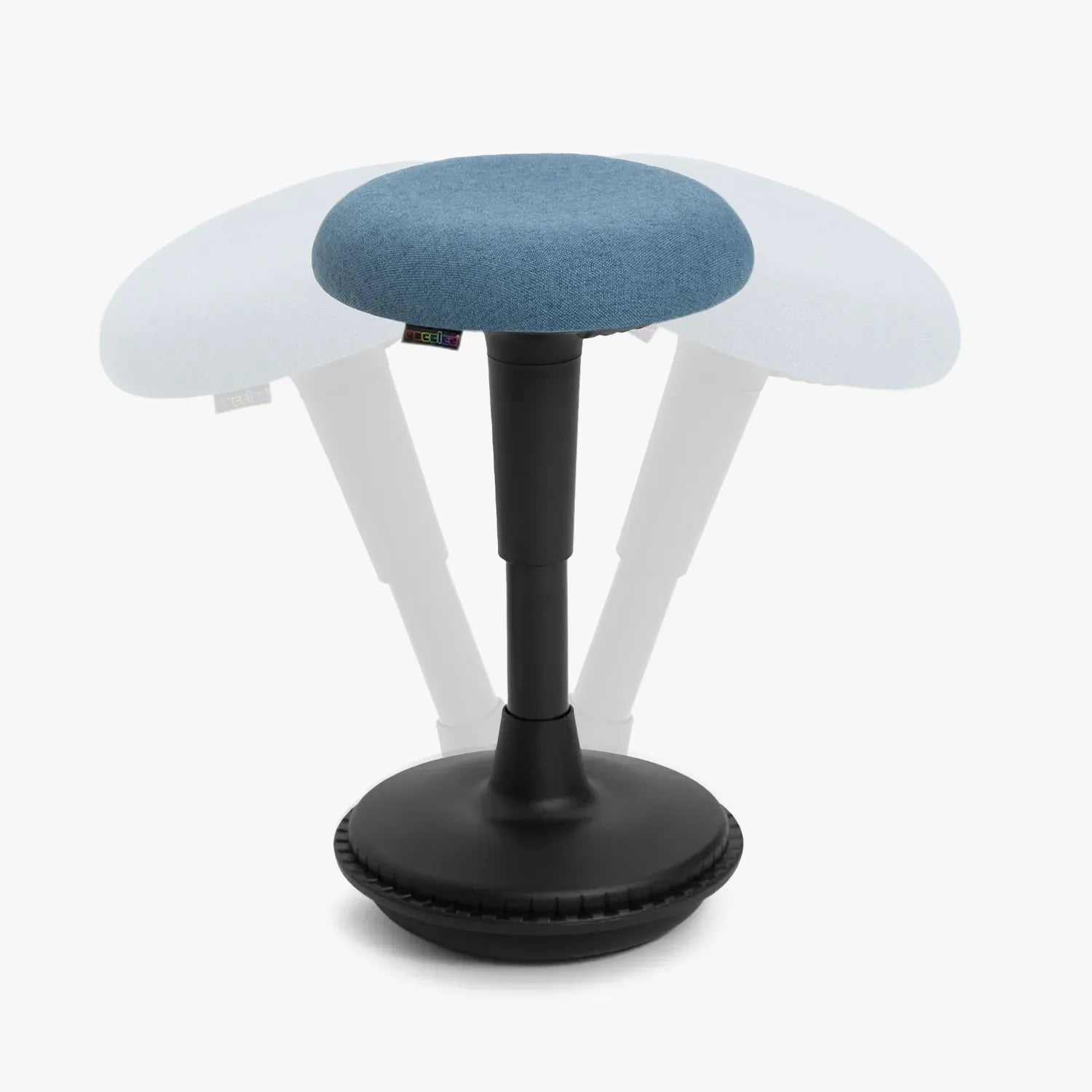 A Wobblez Spine wobble stool with a black frame and lightblue fabric cushioned seat, a heavy round wobble base and an adjustable height knob to adjust stool from 45 cm to 65 cm, with transparent duplication in the background to show the wobble states, set against a white studio background.