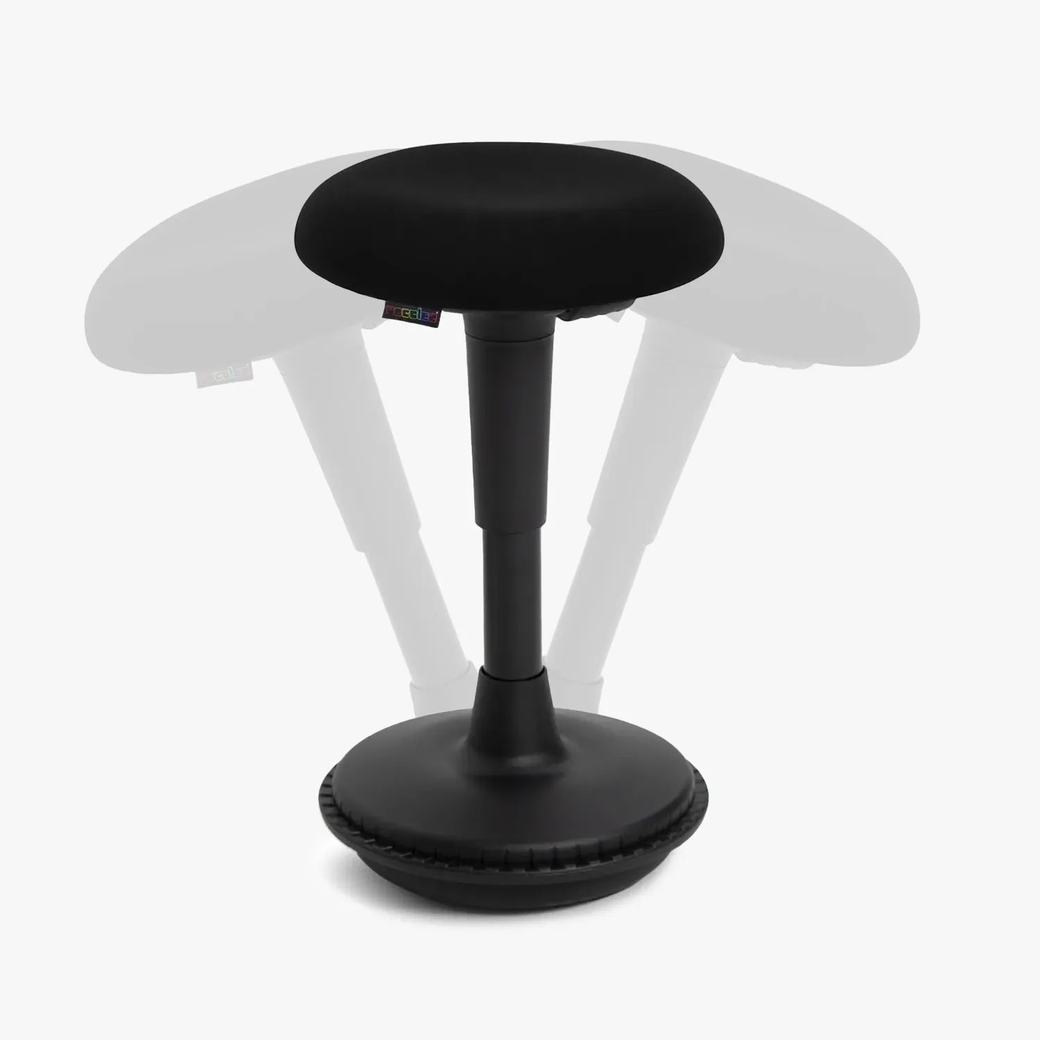 Black adjustable height Spine wobble stool with a round seat, designed for ergonomic sitting posture on a white background