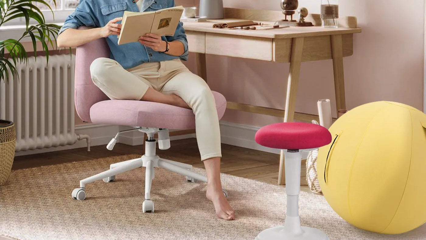 Wobblez Work desk pink office chair, female freelancer, fuchsia white wobble balance stool and yellow yoga ball